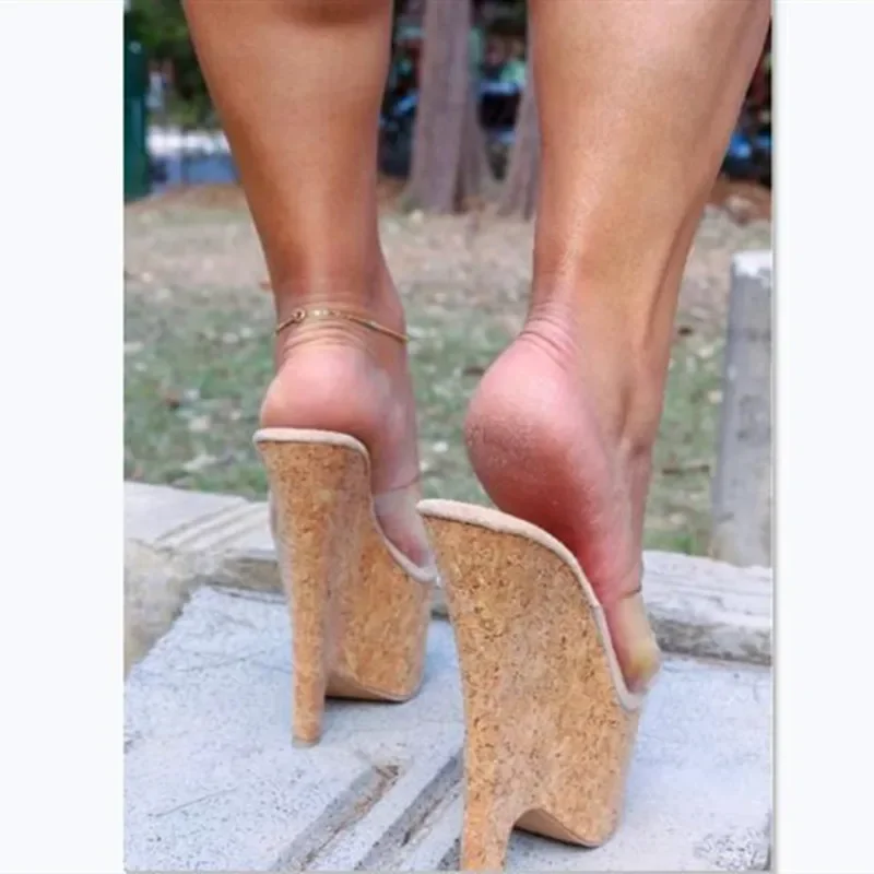 

DIZHUANG Sexy women's high-heeled slippers. Transparent PVC slippers 18-20cm heel height Cork patterned wedges platform slippers