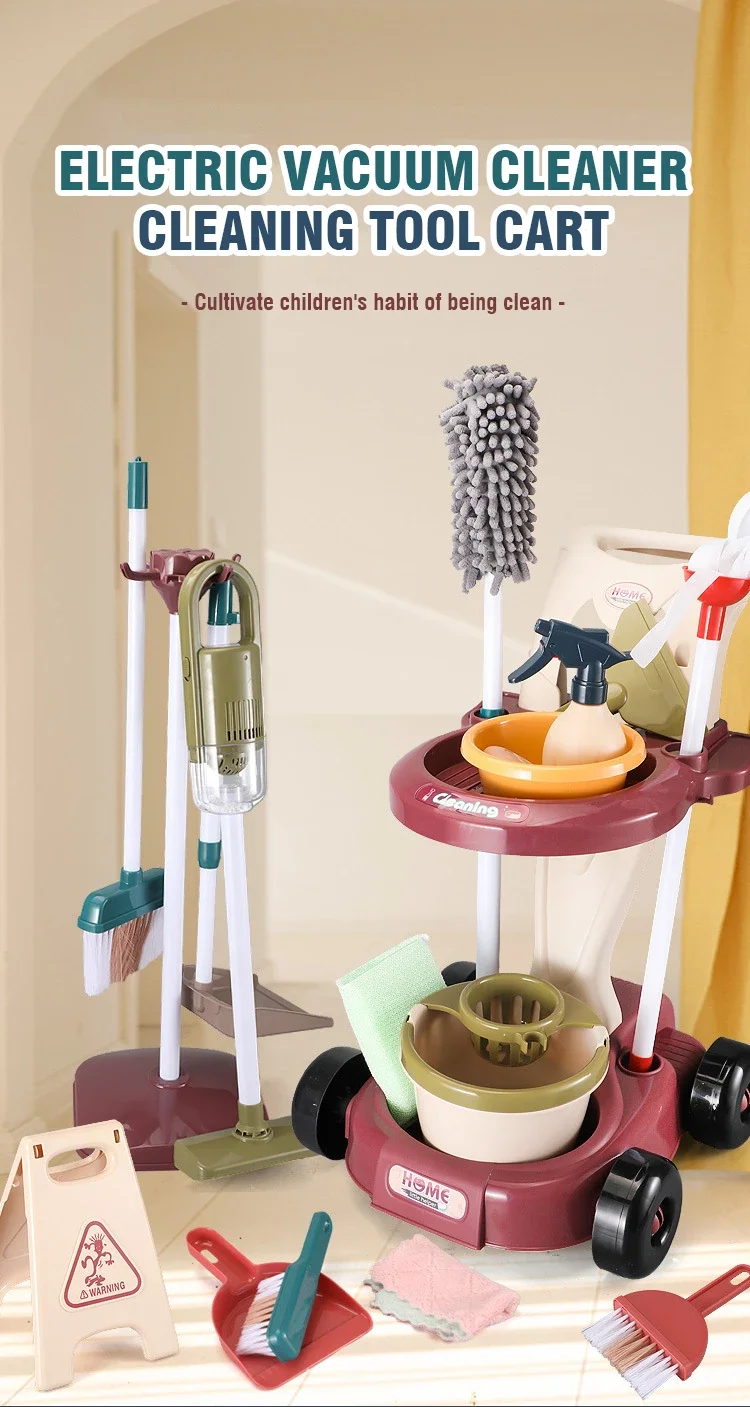 محاكاة تنظيف أداة عربة النظافة مع آلة فراغ مكنسة ممسحة التظاهر اللعب التنظيف المنزلي لعبة تعليمية طفل عيد الميلاد هدية #6