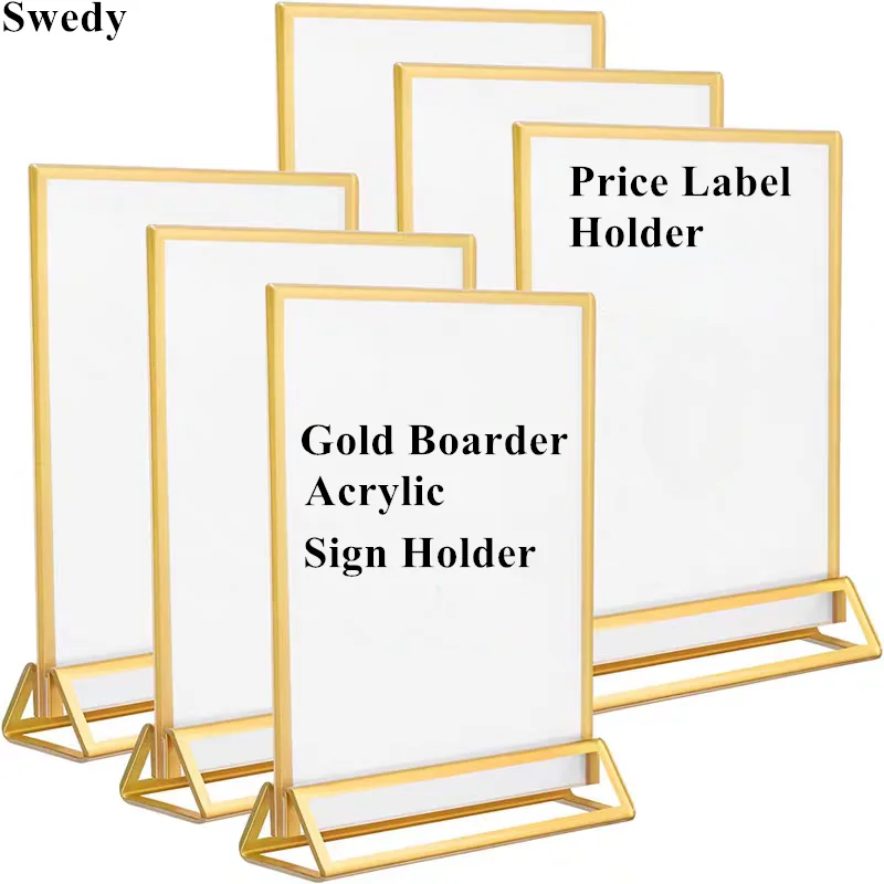 5 Pieces A6 100x150mm Acrylic Sign Holder Display Stand Gold Edge Table Number Menu Paper Holder Photo Picture Poster Frame