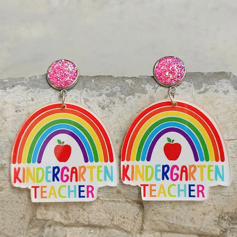 Acrylic Pencil Apple Earrings Rainbow Arched Leopard Drop Earring for Women Student Teacher Earrings School Fashion Jewelry