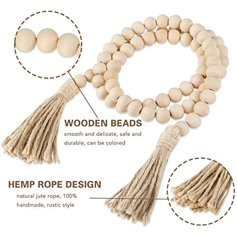 Farmhouse Beads 58in Wood Bead Garland with Tassels Rustic Country Decor Prayer Boho Beads Big Wall Hanging Decor