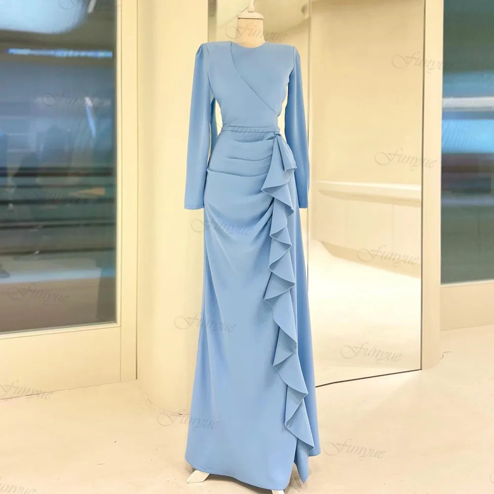 

Sky Blue Muslim Long Sleeve Evening Dresses 2024 New Vestido Formales Simples Ruffles Robes De Soirée Prom Gowns