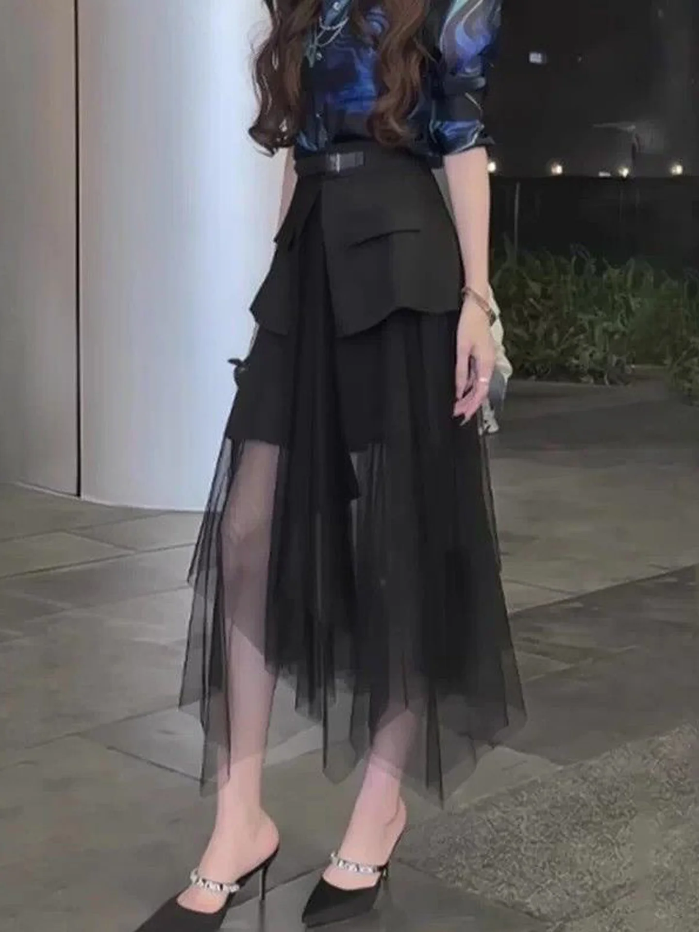 Black Mesh Splice A-Line Midi Skirt Women's Fashion Autumn New Style Asymmetric Design Sensation Elegance Minor Crowd
