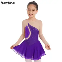 Kids Girls Gymnastics Artistic Skating Ballet Tight Fitting Dress Long Sleeve Round Neckline Rhinestone Dance Body Tutu Dress