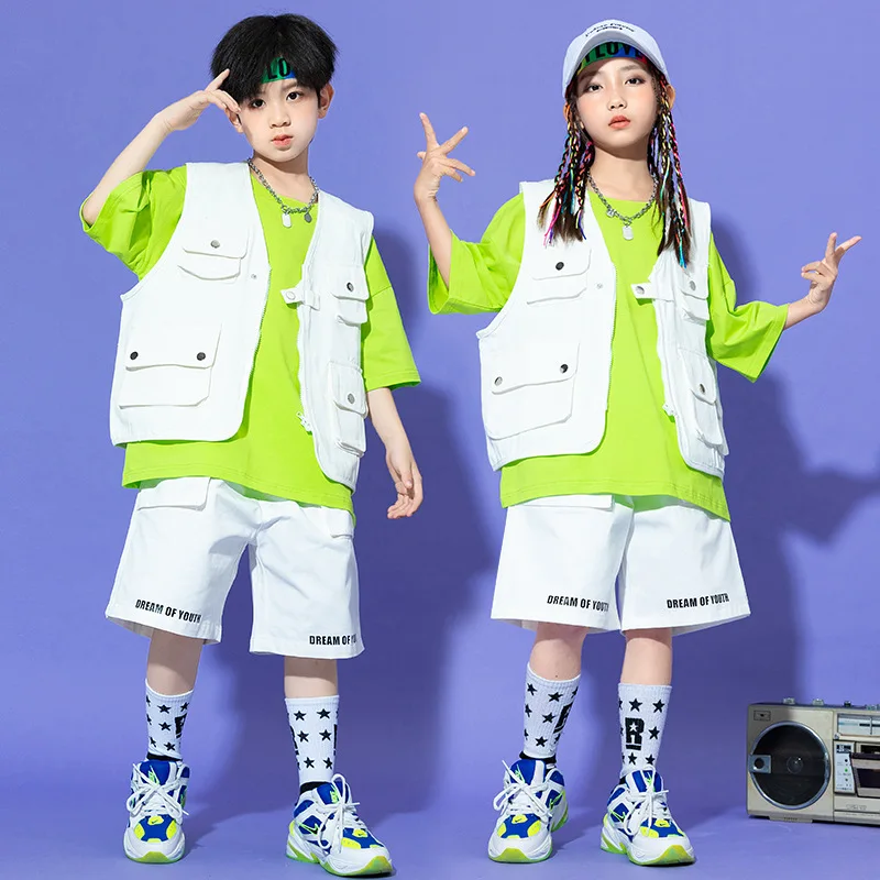 Nuovo Costume da ballo di strada Hip Hop per bambini gilet bianco pantaloncini Casual abbigliamento da prestazione Jazz ragazza Kpop Outfit Boy Drum Stage Wear