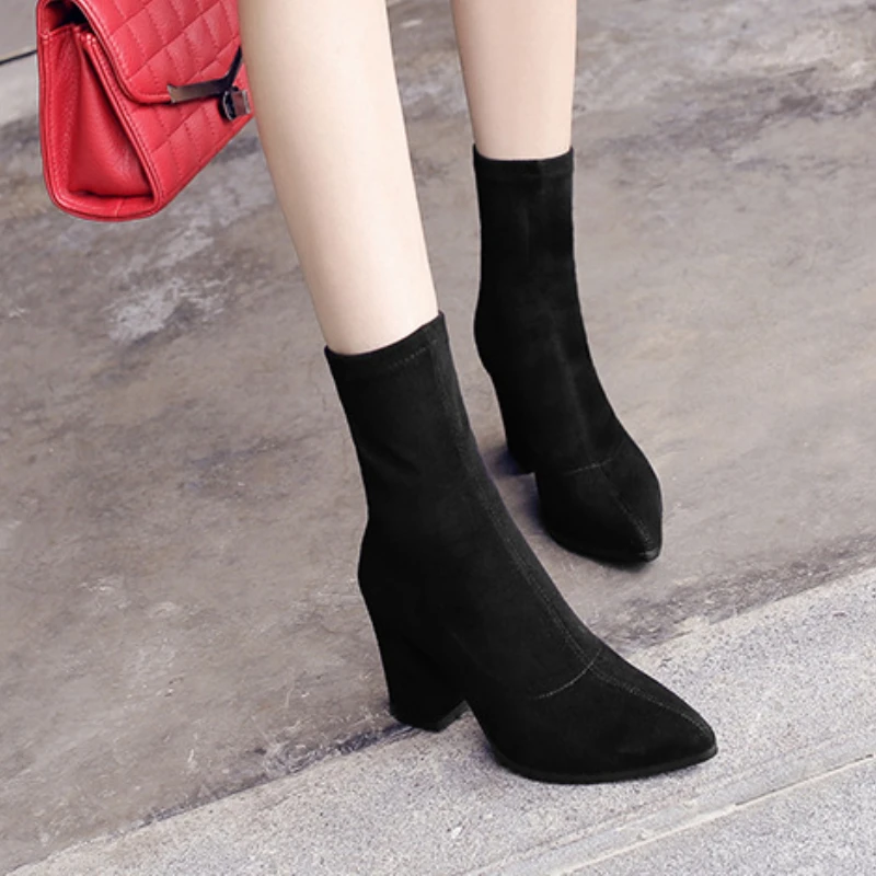 2022 Winter New Thick Heel Suede Pointed Shoes Women\'s Warm Fashion High Heels Sexy Versatile Short Boots Botte Femme Hiver