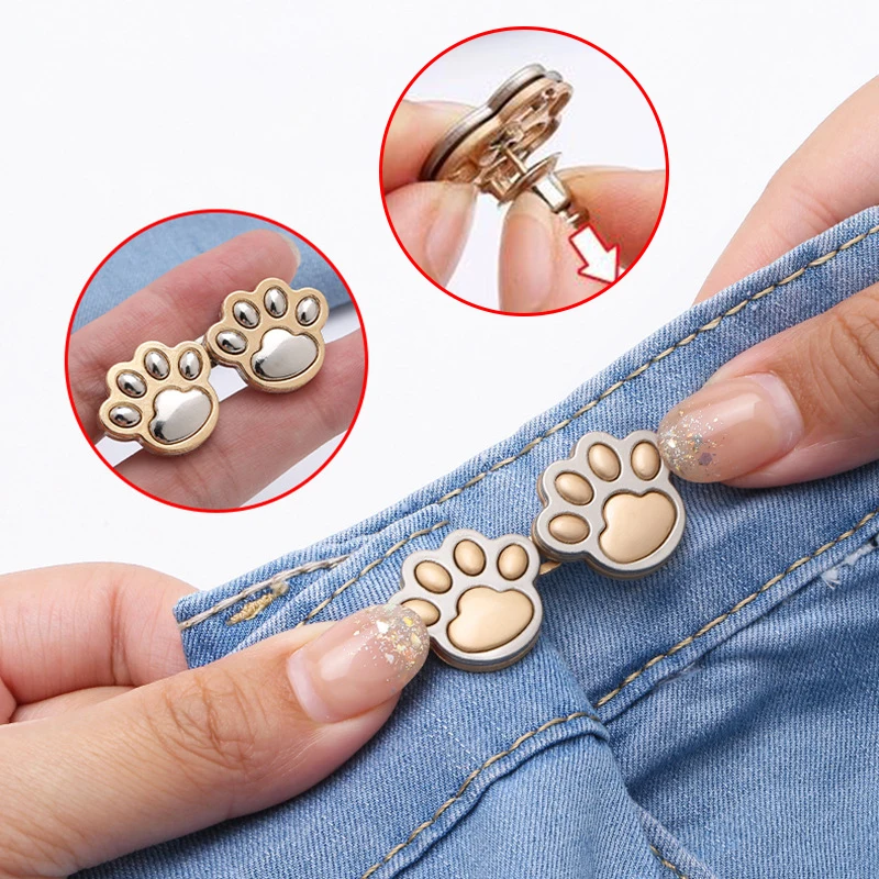 2Pcs Cat Paw Shaped Adjustable Jean Button Waist Buckle Snap Pants Buckle Extender Replacement Jeans Button Attacher Pins