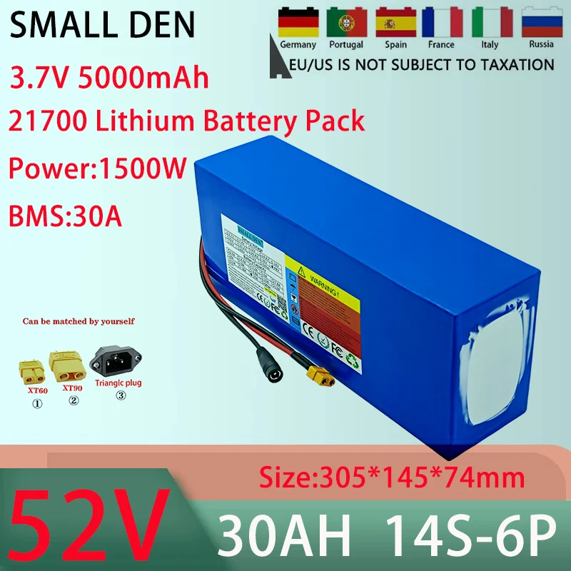 New 52V 30AH 14S6P 21700 lithium battery pack With 30A BMS 100-1500W high-power rechargeable battery+58.8V 5A charger