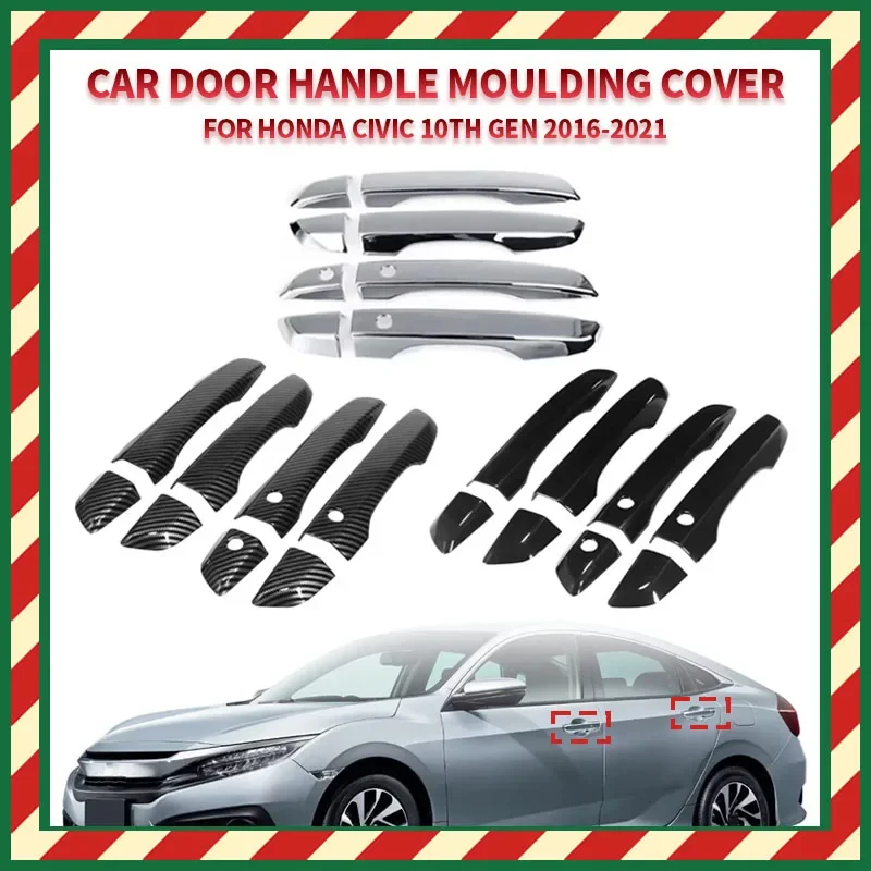 For Honda Civic 10th Gen 2016-2021 Car Carbon Fiber Style Black Exterior Door Handle Moulding Cover Trim w/Keyless Entry Decor
