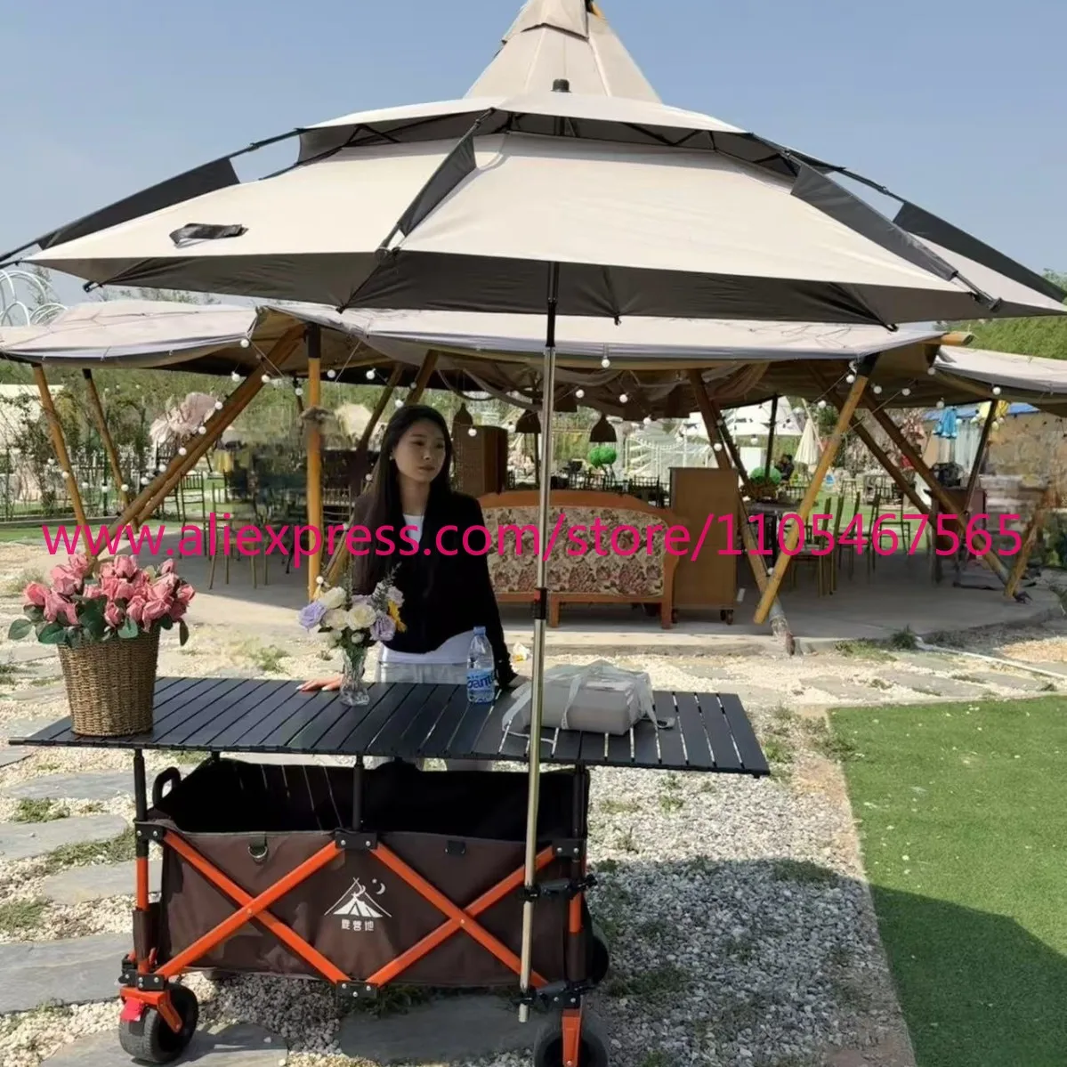 1PCS camper stall large foldable trolley outdoor camping with umbrella lifting table board raised ceiling stall truck - view 4