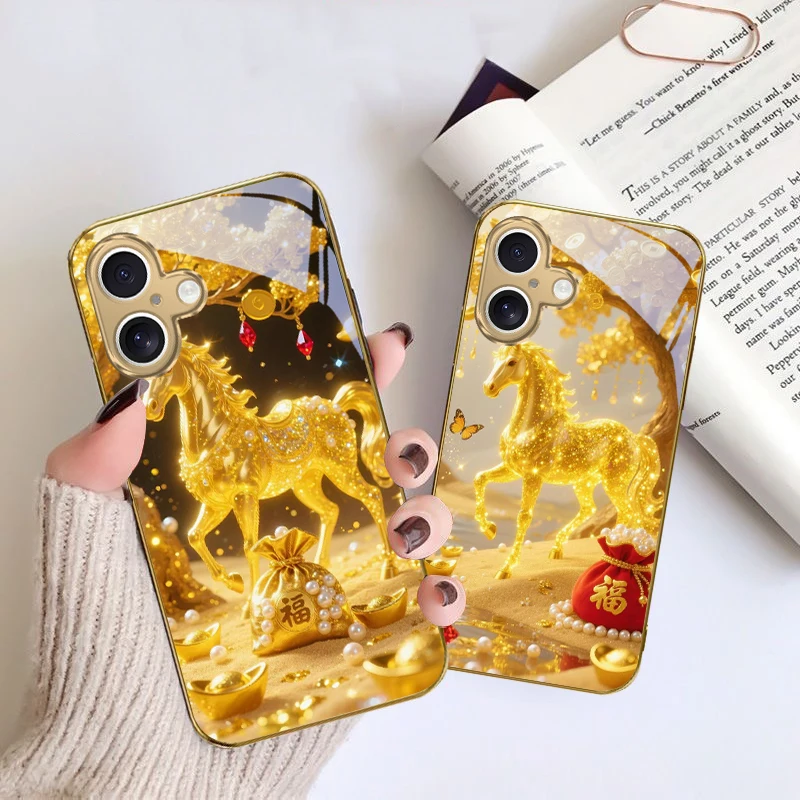 Golden Lucky Horse Glass Phone Case for iPhone 11-17 Pro Max, Mini, Plus, Air, X, XR
