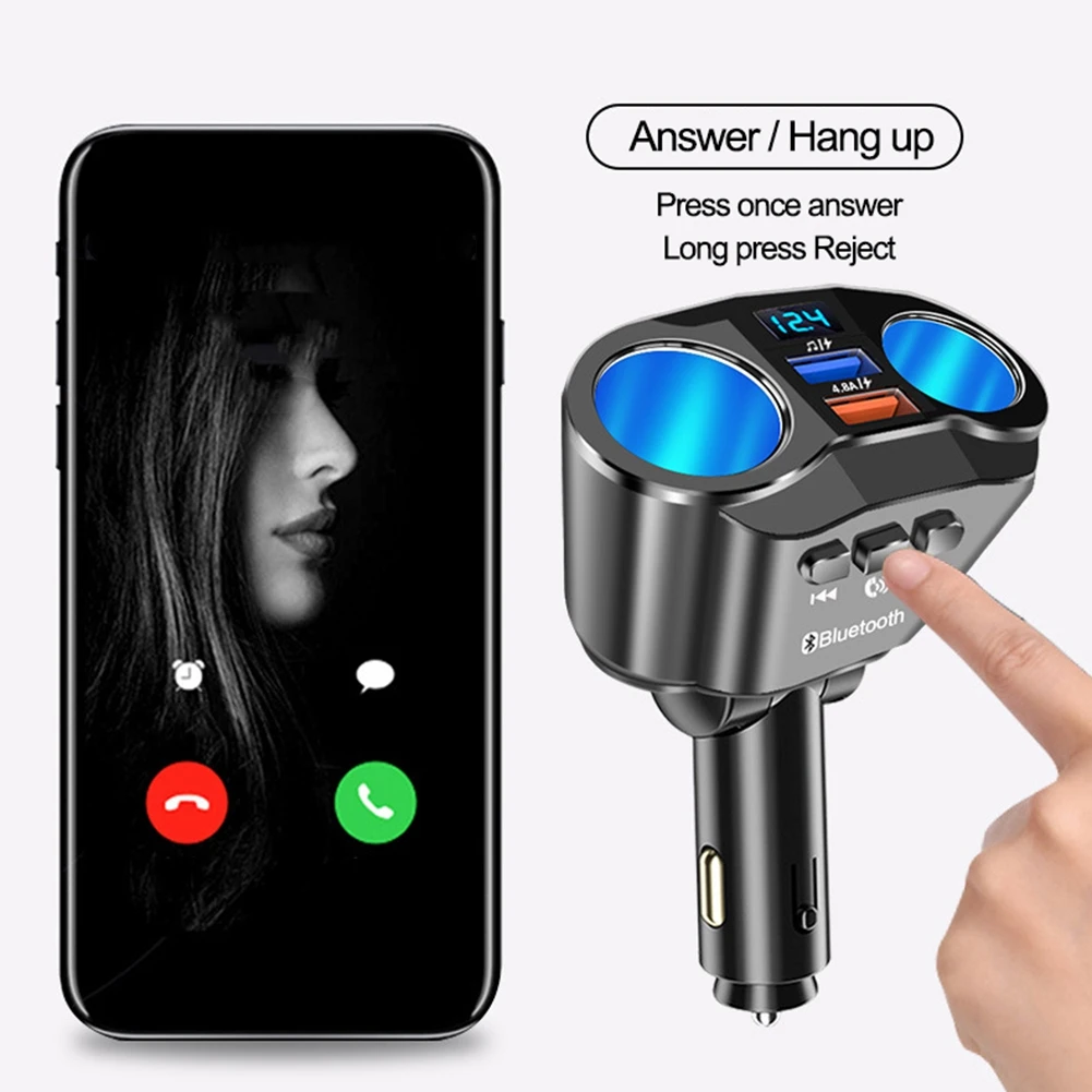 Dual USB Port Car Charger 2 Way Auto Car Lighter Socket Splitter DC12-24V 4.8A Bluetooth 5.0 MP3 Player With Handsfree