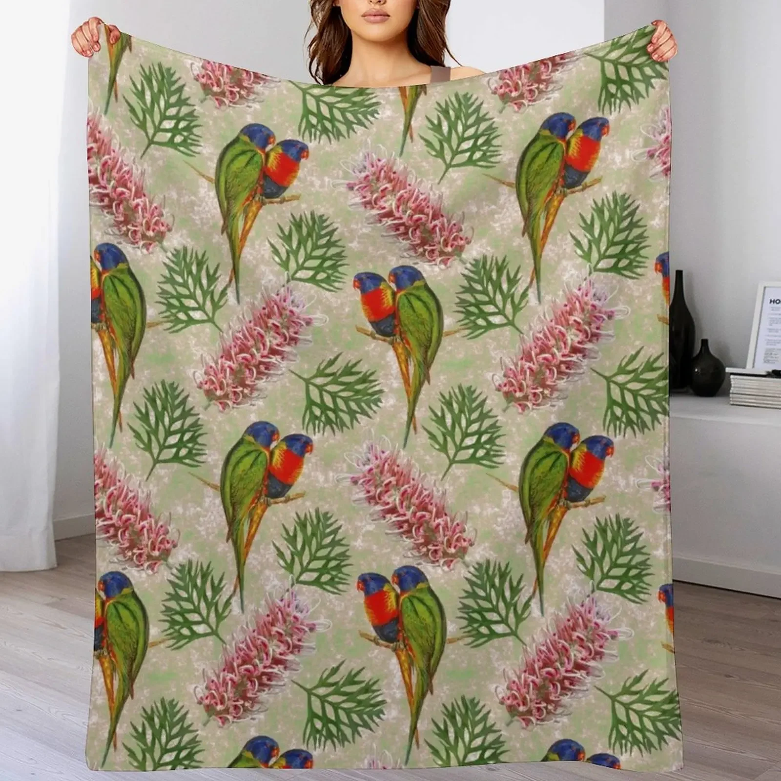 

Grevillea with Rainbow Lorikeet Bird Pattern Australian Throw Blanket Bed covers Decoratives Hairys Blankets