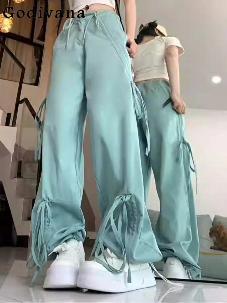 

Очень большой размер, женские сексуальные универсальные широкие брюки с милым бантом, летние простые однотонные брюки для отдыха на шнуровке с высокой талией