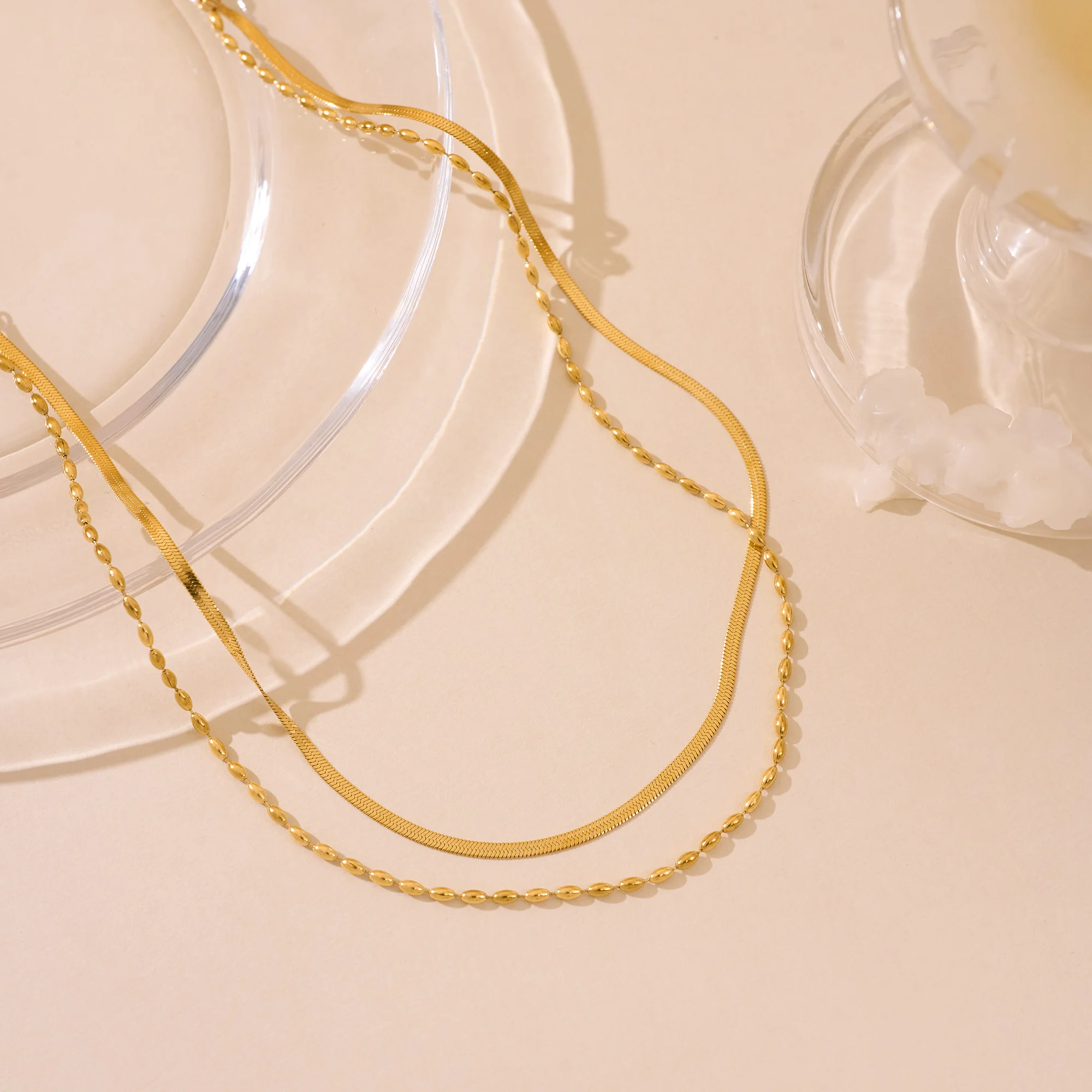 DASEIN Trendy 18k Gold Plated Double Layer Bead Herringbone Chain Necklace Tarnish Free Stainless Steel Gypsy Runaway Jewelry