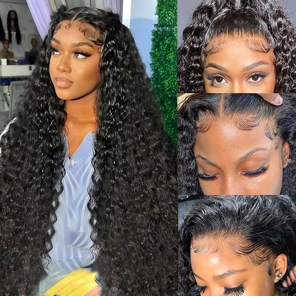 Perruque Lace Front Wig sans colle naturelle ondulée, cheveux humains, Deep Curly, HD, 13x4, 13x6, pre-plucked, densité 180%, pour femmes