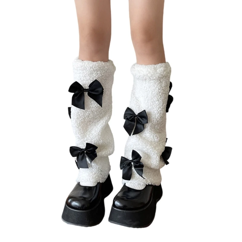 SZL Women Sweet Double Bowknot Fuzzy Plush Boot Cuffs Covers Warm Faux Lamb Wool Leg Warmers for Fashionable Winter Wear