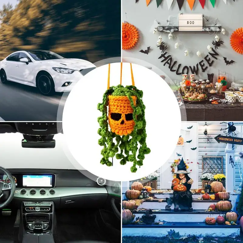 Spooky Crochet Halloween Crochet Car Pendant Halloween Spooky Ornament Succulents Car Pendant Goth Auto Parts Skull Basket Car