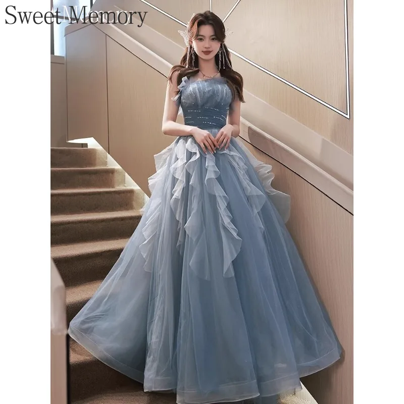 D4168 Customized Greydish Blue Long Evening Dress Sweet Memory Princess Prom Gown Performance Banquet Party Ball Dresses