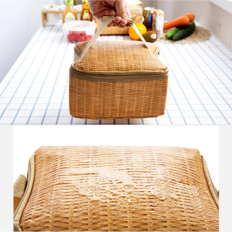 New Imitation Rattan Woven Printing Lunch Box Portable Tote Bag For Travel Picnic Bag Food Container Insulated Thermal Bento Bag