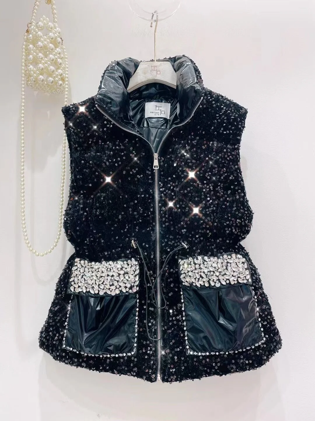 Women Diamond Sequins Vests Bread Coats New Autumn Winter Drawstring Zip Sleeveless Wadded Jackets All-match Casual Waistcoat