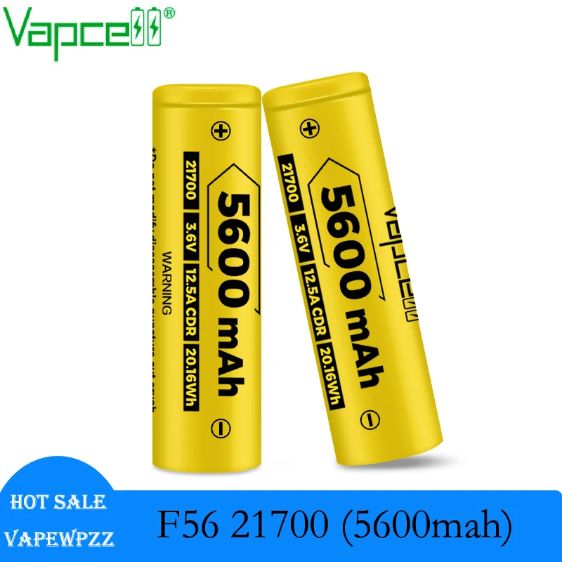 New Arrival Vapcell F56 21700 3.7V 5600mAh 12.5A similar as M58 21700 Cell For flashlight Rechargeable Li-Ion INR21700 Battery