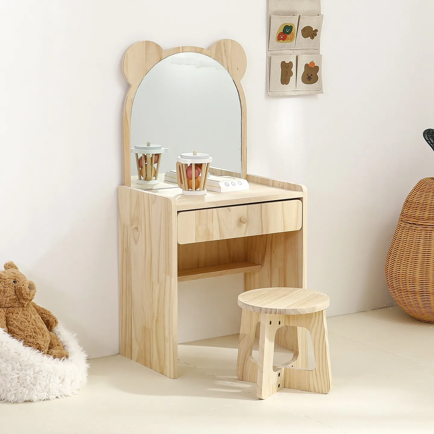 أثاث الأطفال طاولة مكياج خشبية للأطفال مع مقعد للعب الأميرة التظاهري للفتيات