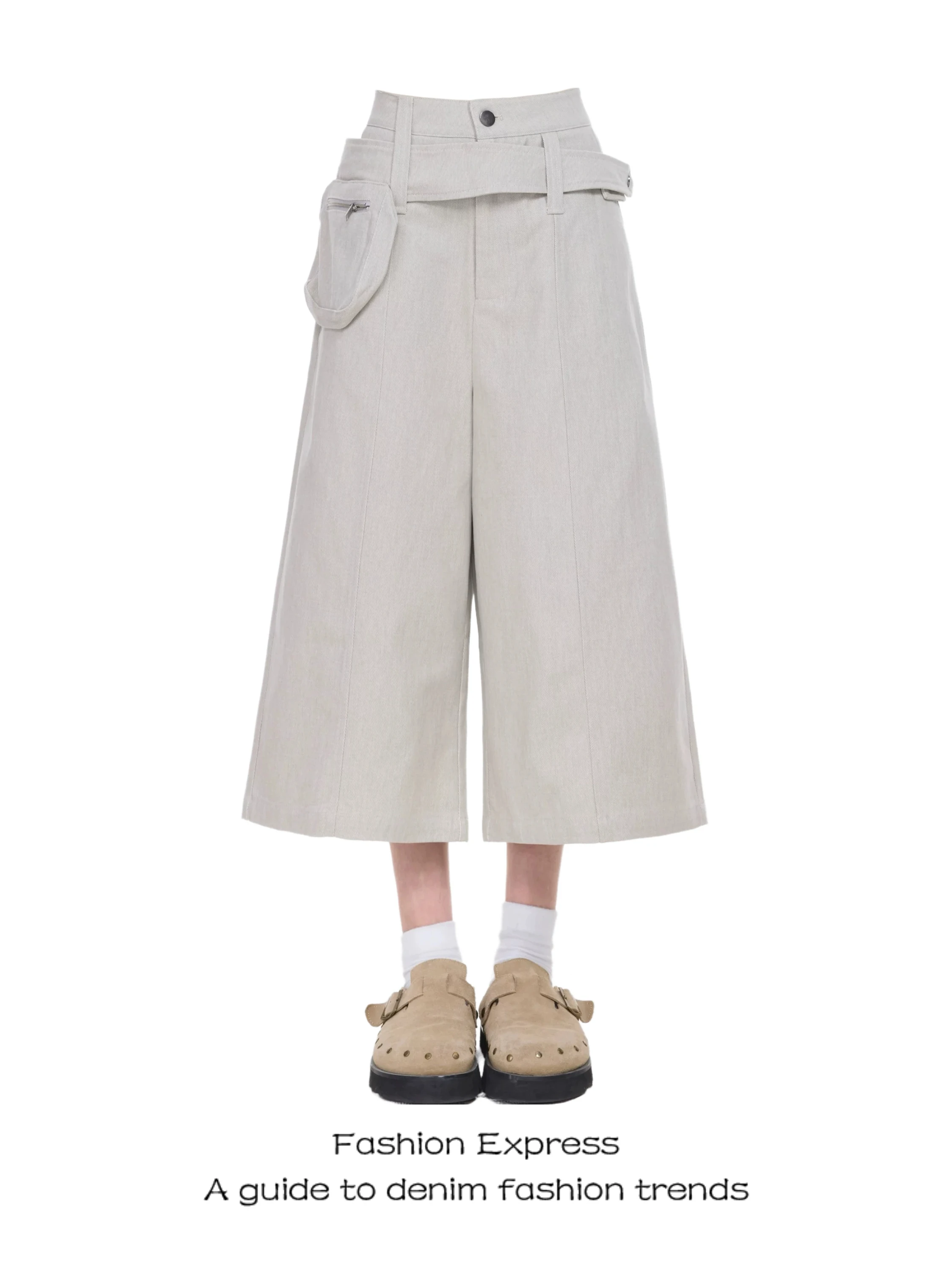 

High Waist Wide Leg Casual Shorts for Women Oatmeal American Retro Style Commute Patterned Jeans Four Seasons Wear Resistant