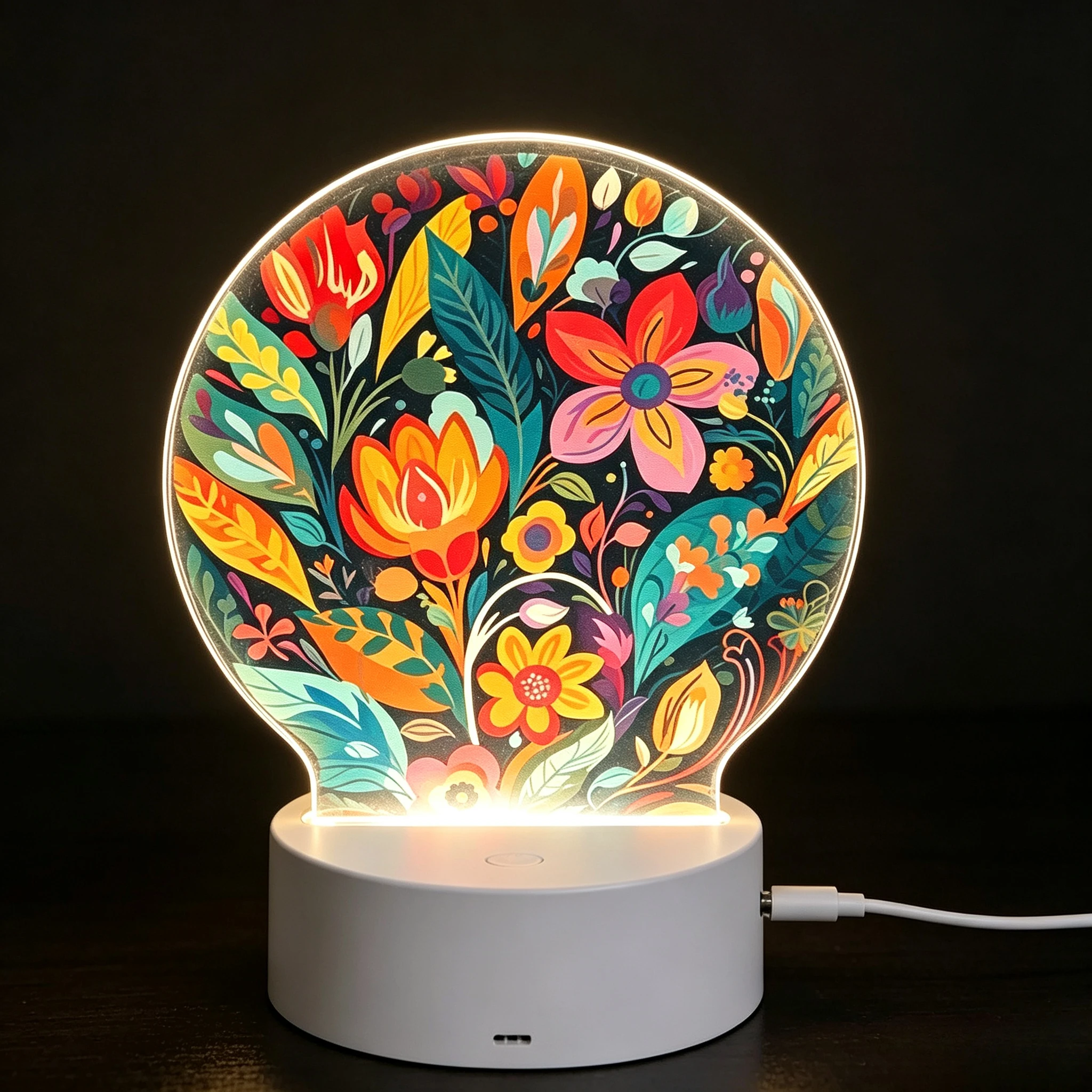 Round Vibrant Folk‑Style Floral Acrylic Night Light, LED Bedside Lamp Colorful Flower Home Bedroom Decor Gift