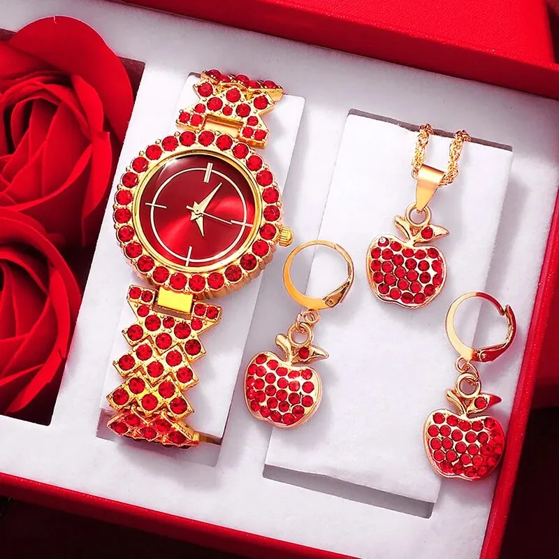 New Luxury Watch Women Red Necklace Earring Rhinestone Fashion Wristwatch Casual Ladies Watches Jewelry Set Relogio Feminino