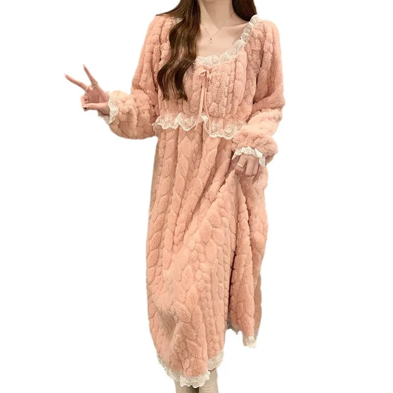 Winter Nightgowns for Women Lace Homewear Princess Style Nightdress Long Sleeves Flannel Warm Roomwear Sleepwear Robe Night