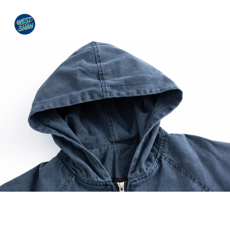 WESTSHAN أعلى جودة الاتحاد الأوروبي الولايات المتحدة حجم خمر الثقيلة غسلها القطن عمال الدنيم هوديي الرجال فضفاض معطف مقنع سترة #4