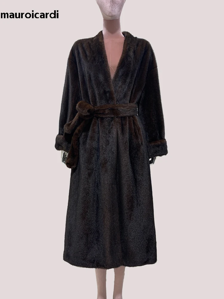 Mauroicardi Spring Winter Elegant Luxury Long Thick Warm Fluffy Soft Brown Faux Mink Fur Coat Women with Deep V Neck Sashes 2025