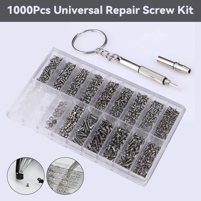 

1000pcs 18-in-1 Glasses Repair Screw Kit | Precision Nose Pads, Spacer Caps & Frameless Screws for Eyeglass Adjustments & Maint