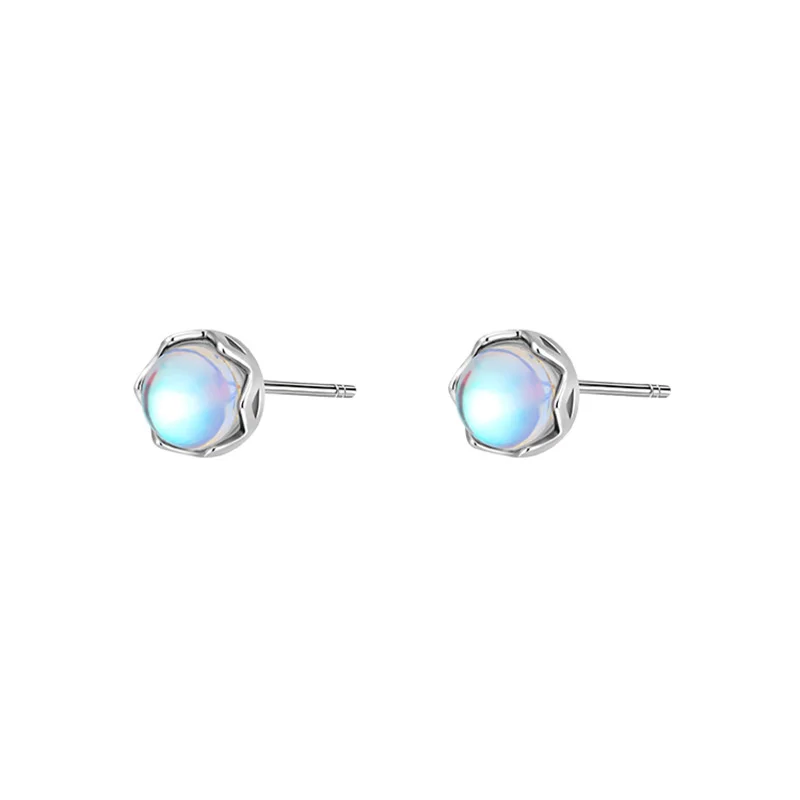 925 Silver Plated Moonstone Round Bead Stud Earring For Women Girls Wedding Party Jewelry Gift E379