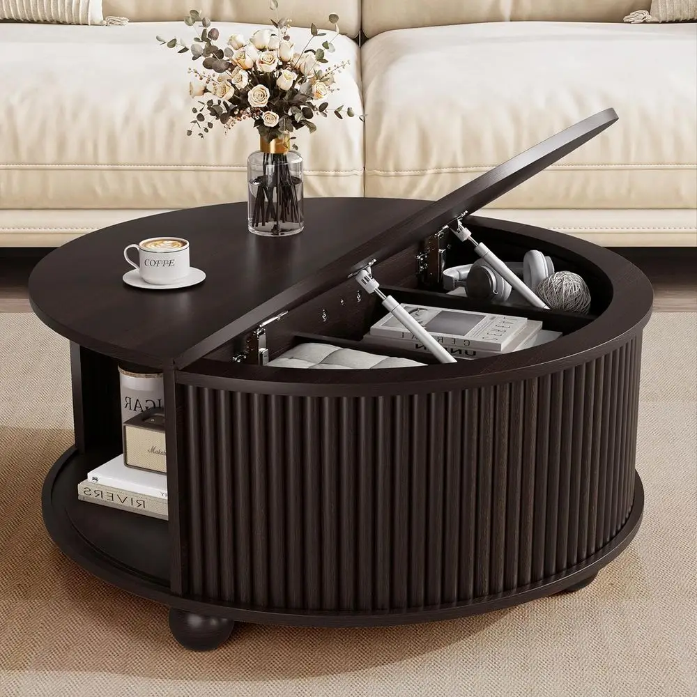 

Round Coffee Table with Storage, 31.5 Diameter Drum Table, Accent Table with Sliding Door for Small Living Spaces in Walnut Fini