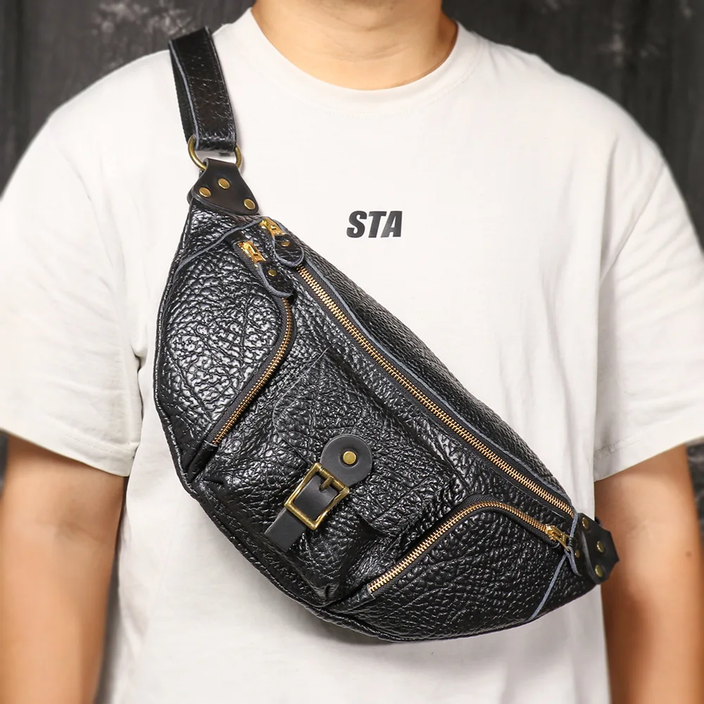 High-end genuine leather men's waist bag with multiple pockets, wear-resistant and waterproof, cycling crossbody bag