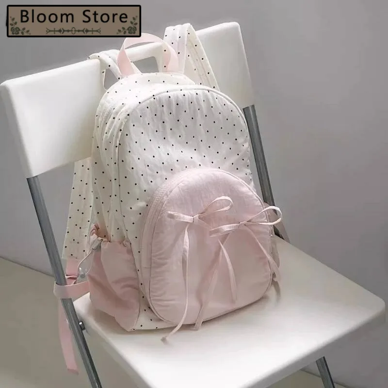 

Patchwork Contrast Color Dot Bow Backpack Kawaii Cute Y2k Aesthetic Sweet Schoolbags Women Students High-Capacity Chic Backpacks