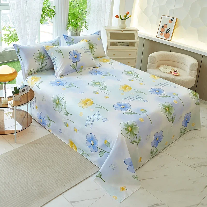 

Botanical Floral Flat Sheet Twin Size Garden Flower Bed Sheet Set Soft Cotton Pastoral Wildflowers Bed Cover with 2 Pillowcases