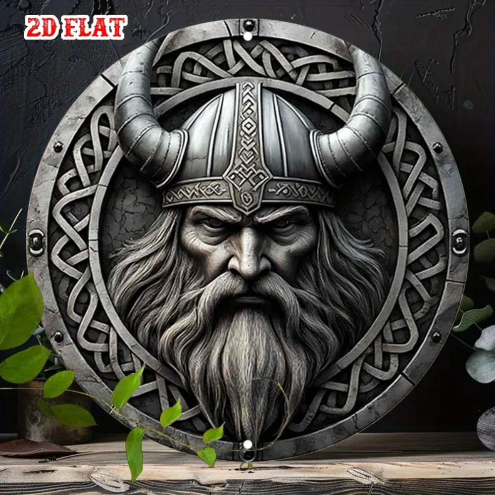 Viking Metal Wall Art Decor, Norse Warrior Aluminum Round Sign with Celtic Knot & Horned Helmet, 7.87x7.87 Inch Retro Home Garag