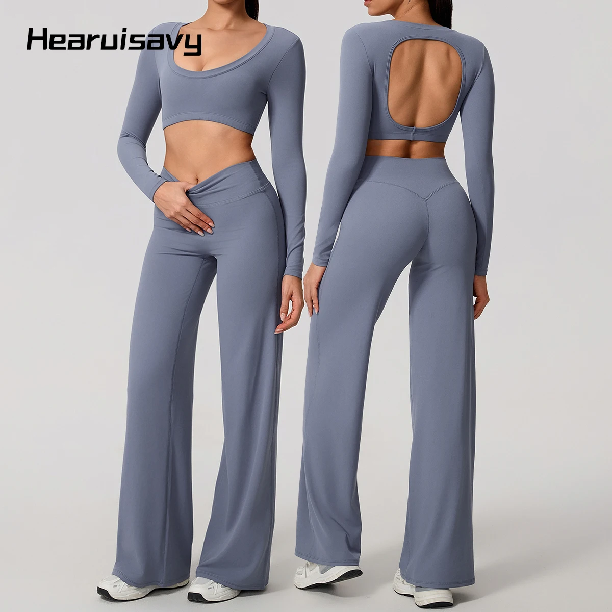Hearuisavy Sports Set 2Pcs Women's  Long Sleeve Backless Fitted Fitness Top Push Up Pilates Yoga Top Wide Leg Straight Leg Pants