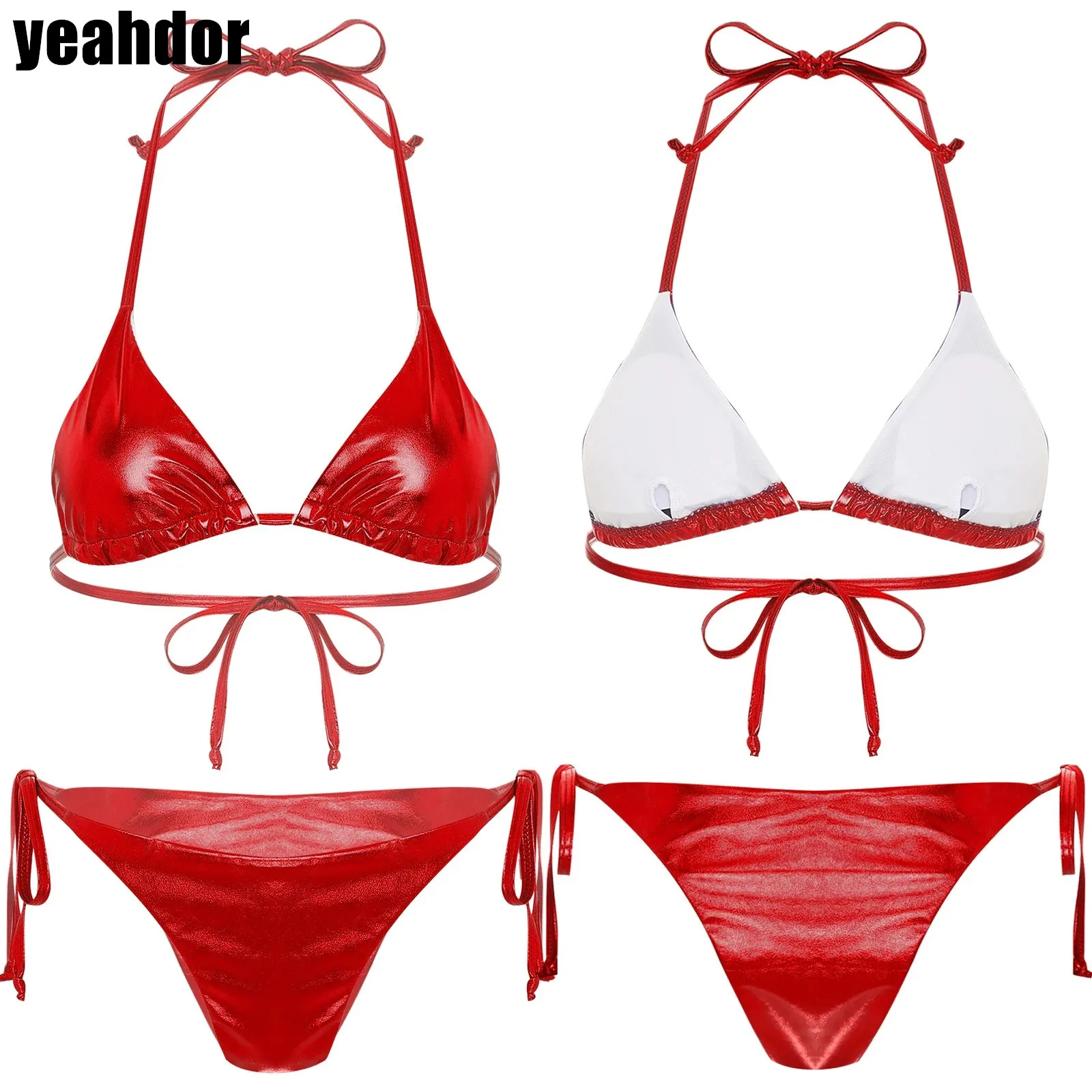 

Womens Metallic Shiny Lacing Bikini Set Padded Triangle Cup Top with Briefs 2-Piece Sexy Bathing Suit for Tropical Vacation