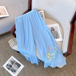 Summer Double Chiffon Skirt Pants Embroidery High Waist Wide Leg Pants Casual Yoga Trousers For Chinese Style Women's Clothing