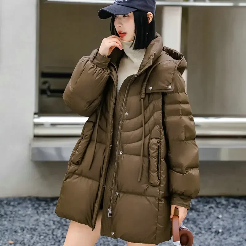 Women's Mid-Length Hooded Down Coat, Loose Casual Jackets, Drawstring Outerwear, Warm, Trendy, Winter