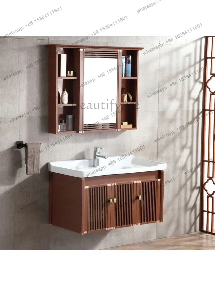 New Chinese bathroom cabinet combination space aluminum wash basin cabinet bathroom wash basin light luxury floor