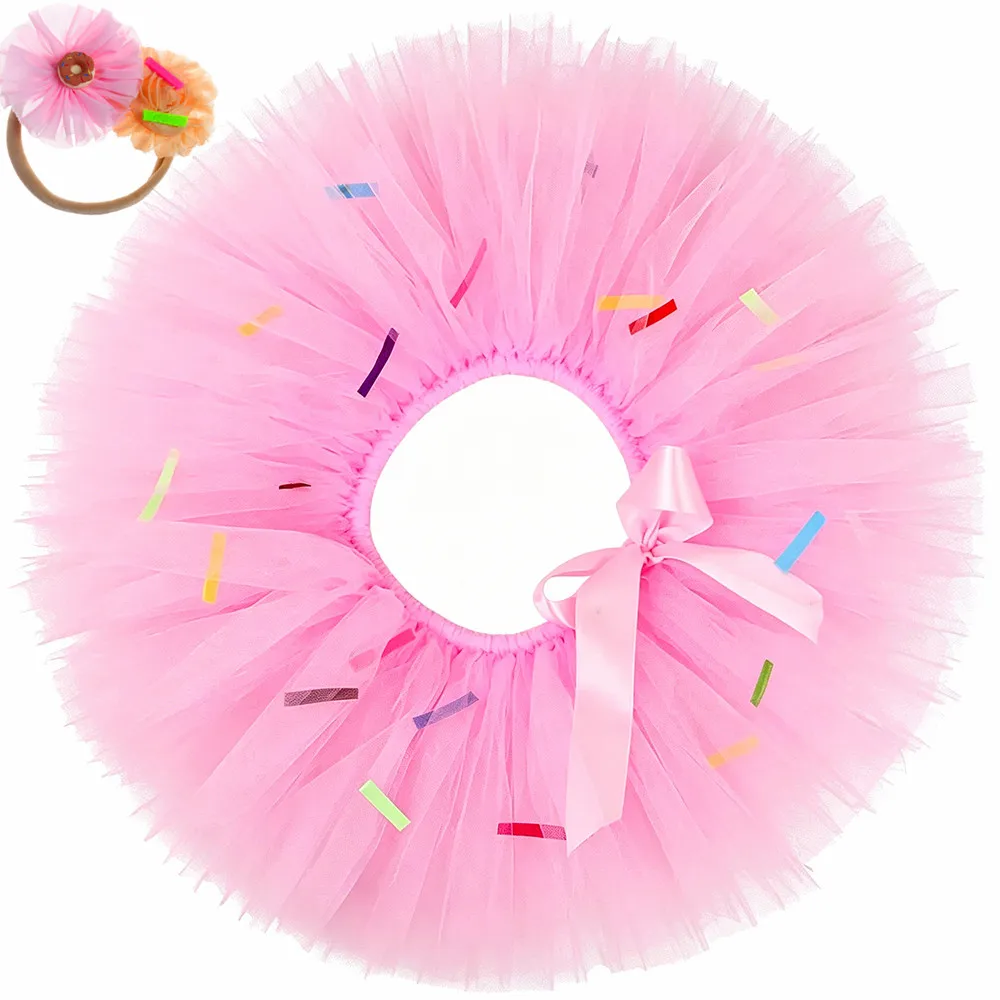 Girls Doughnut Tutu Skirt Pink Candy Donut Costume for Kids Birthday Party Tutus Fluffy Toddler Baby Girls Mini Tulle Skirts Set