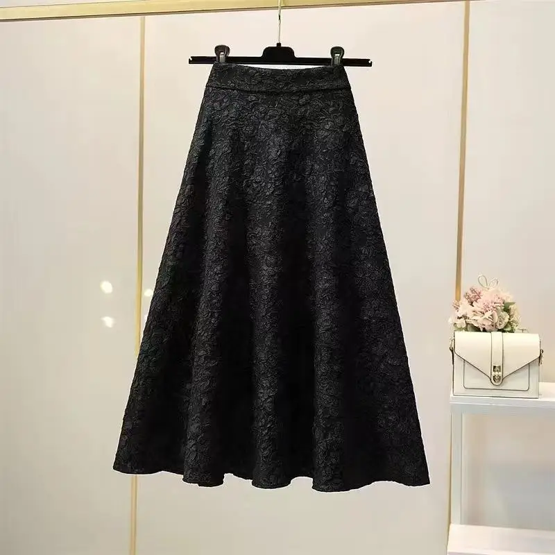 2024 New Spring and Autumn Vintage Fashion Minimalist Elegant Versatile Solid Color Printed Pleated Women's High Waist Skirt