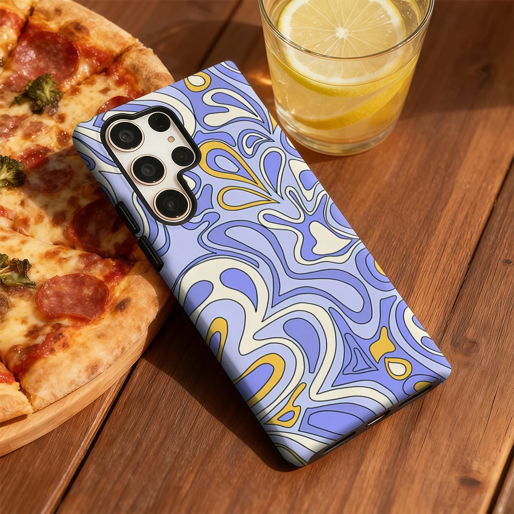 Custodia per telefono Swirly blu e oro per Samsung Galaxy S25 Ultra S24 S23 Ultra Plus Cover posteriore antiurto a doppio strato