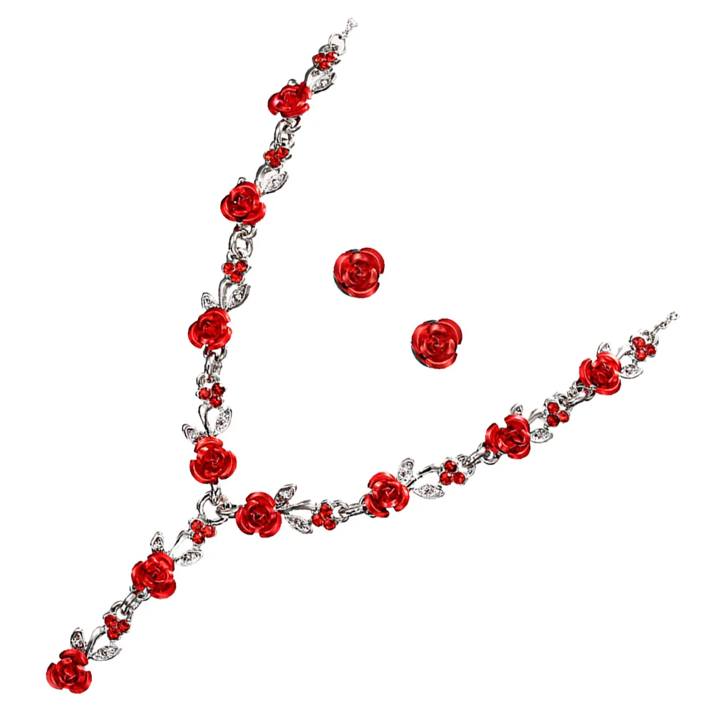 

1Set Beautiful Red Rose Pendant Necklace Earring Set Women Classic Wedding Party Accessory Compliments Gift Necklaces for Women