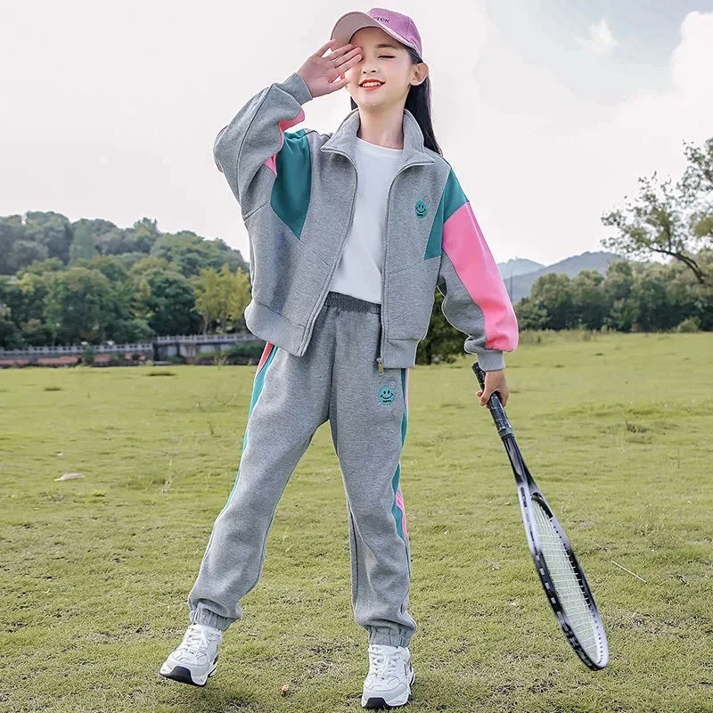 ZOETOPKID Teenagers Girls Clothing Set Spring Autumn Patchwork Long Sleeve Zipper Coat+Pants 2Pcs Suit Kids Sports Outfit